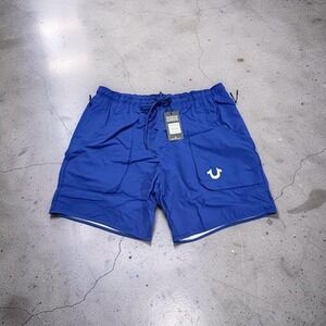 True Religion Men's Curved Nylon Shorts Mazarine Blue XL NWT 109090 Pockets